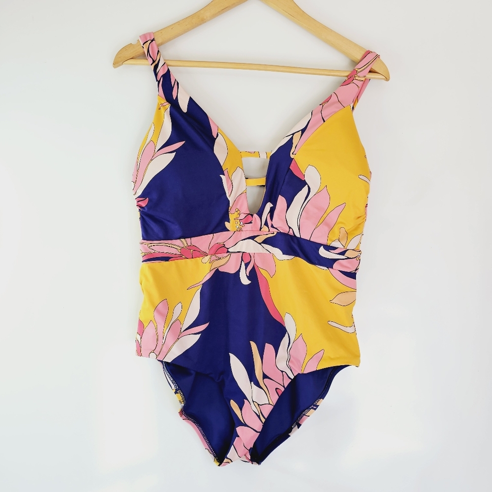 Trina Turk Yellow Floral Print One Piece Plunge Neck Swimsuit Size 14